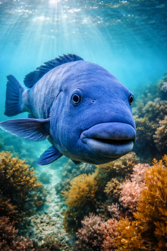 The iconic friendly Blue Groper fish, a common sight on snorkeling tours at Shelly Beach in Sydney's Cabbage Tree Bay Aquatic Reserve.