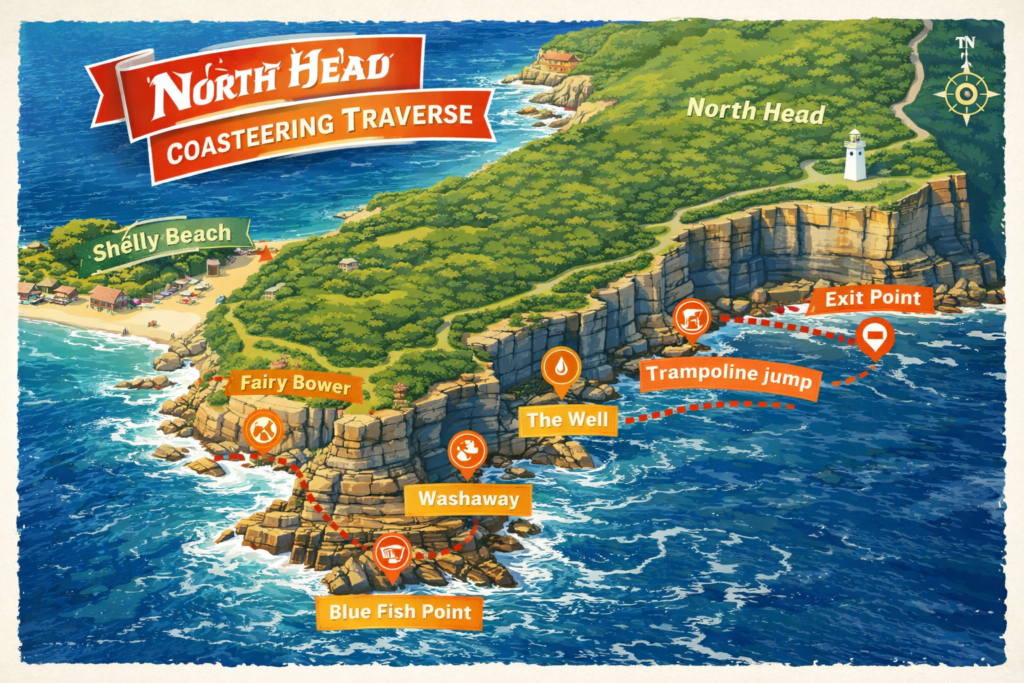 Detailed route map of North Head coasteering traverse in Sydney Harbour National Park