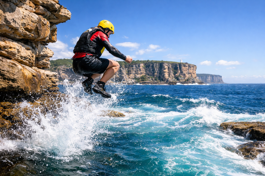 Thrilling coasteering jump into ocean pool at Sydney's North Head - ultimate adventure sport"