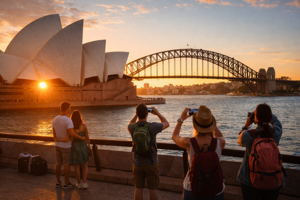 Sydney Opera House at golden hour with Harbour Bridge in background and travelers taking photos along the waterfront