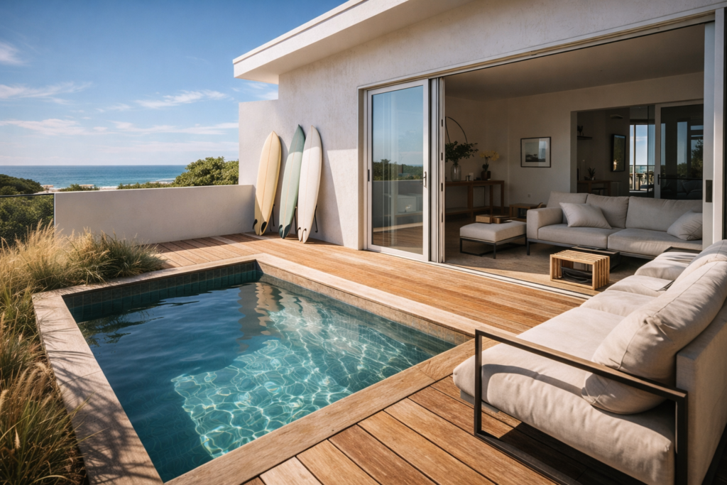 "Private terrace plunge pool at a luxury Bondi Beach house with ocean glimpses and coastal landscaping."