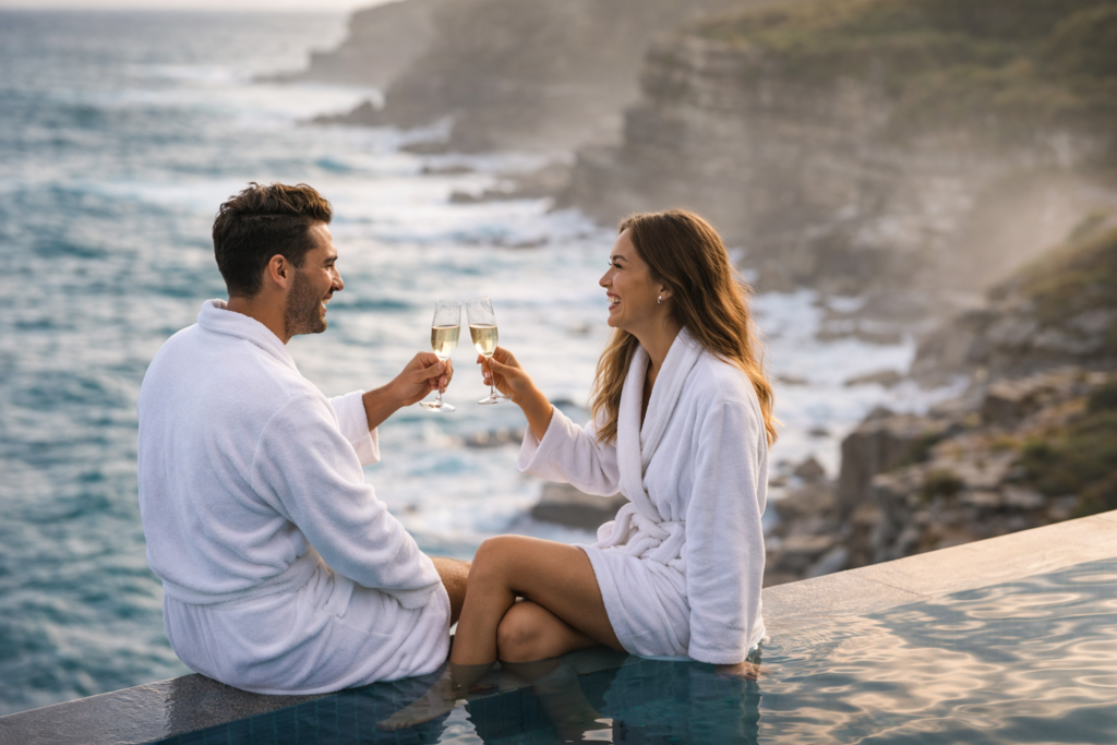 "Honeymoon couple enjoying champagne at a clifftop infinity pool resort in Sydney."
