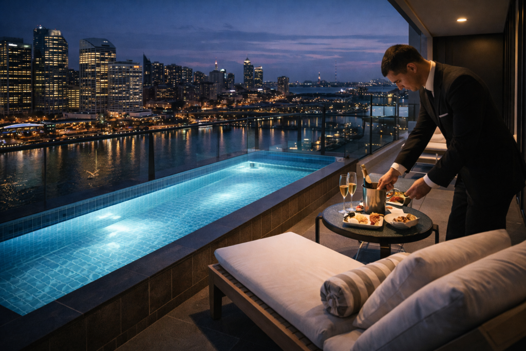 "Private balcony plunge pool with butler service at The Darling Suite overlooking Darling Harbour Sydney."