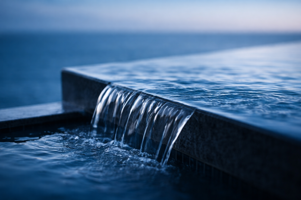 "Close up of negative edge water flow at a Sydney cliffside infinity pool."