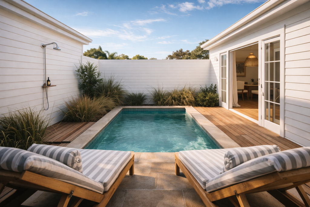 "Private garden plunge pool at a Hamptons-style beach house in Palm Beach Sydney."