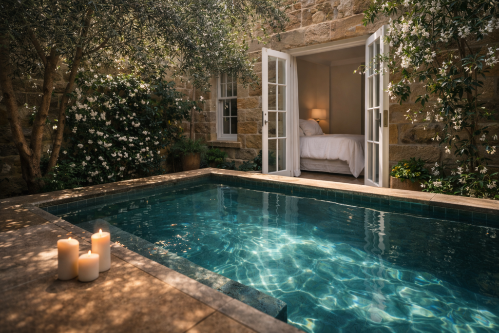 "Secluded courtyard plunge pool surrounded by olive trees at a private villa in Paddington Sydney."
