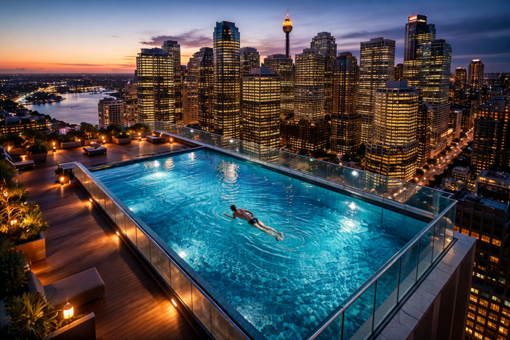 "Rooftop infinity pool with Sydney CBD skyline view at twilight."