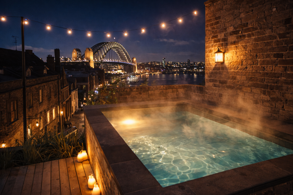 "Rooftop private spa-pool with Sydney Harbour Bridge night view at The Rocks heritage loft."