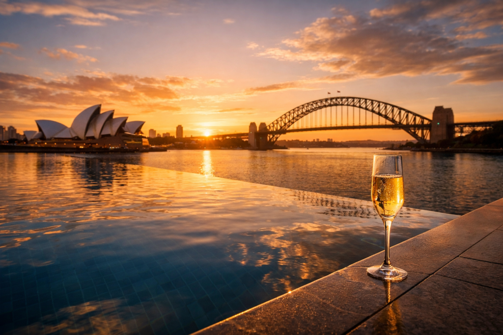 "Luxury Sydney infinity pool overlooking Sydney Harbour Bridge and Opera House at sunset."