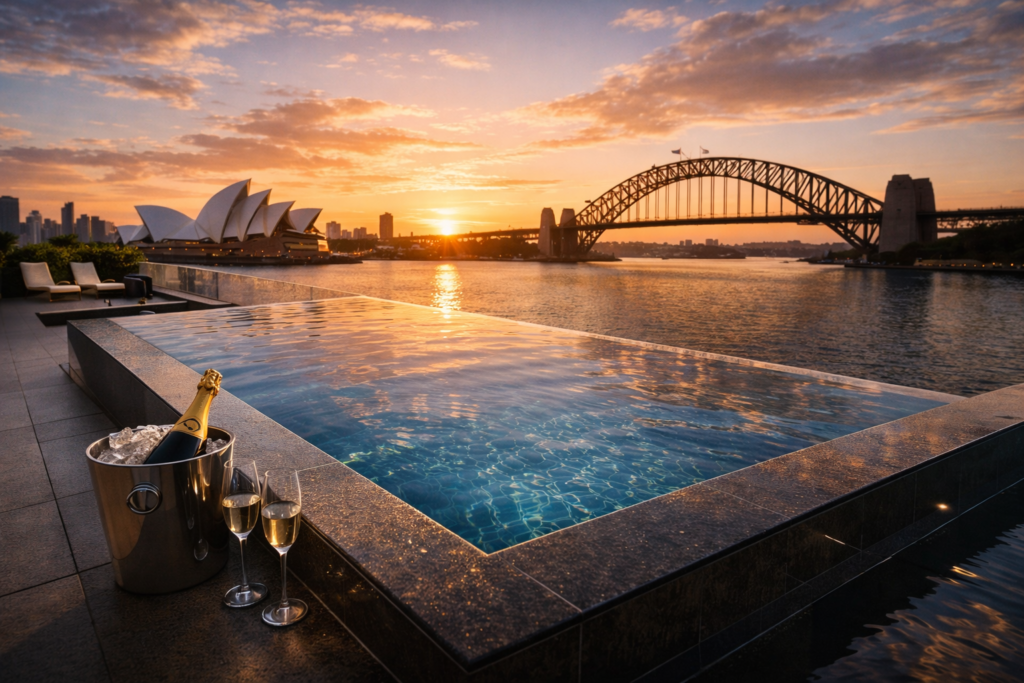 "Private rooftop plunge pool overlooking Sydney Opera House and Harbour Bridge at sunset from luxury penthouse."