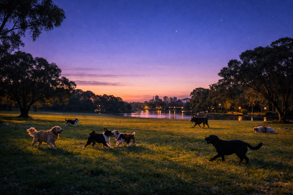 Dog running off leash in Centennial Park Sydney morning
