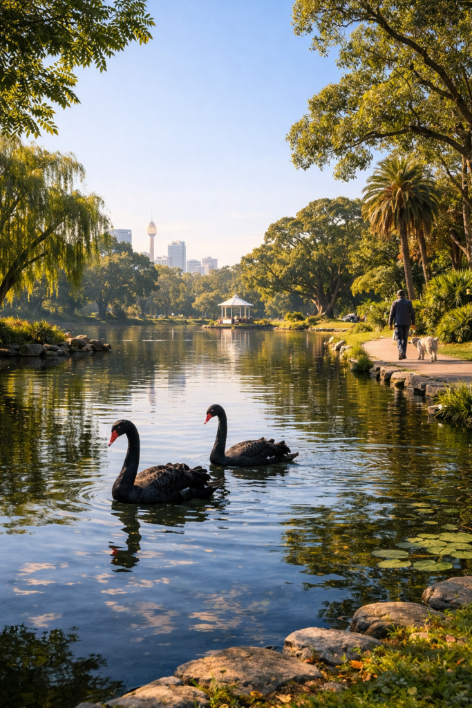 Dog walking beside pond Centennial Park Sydney