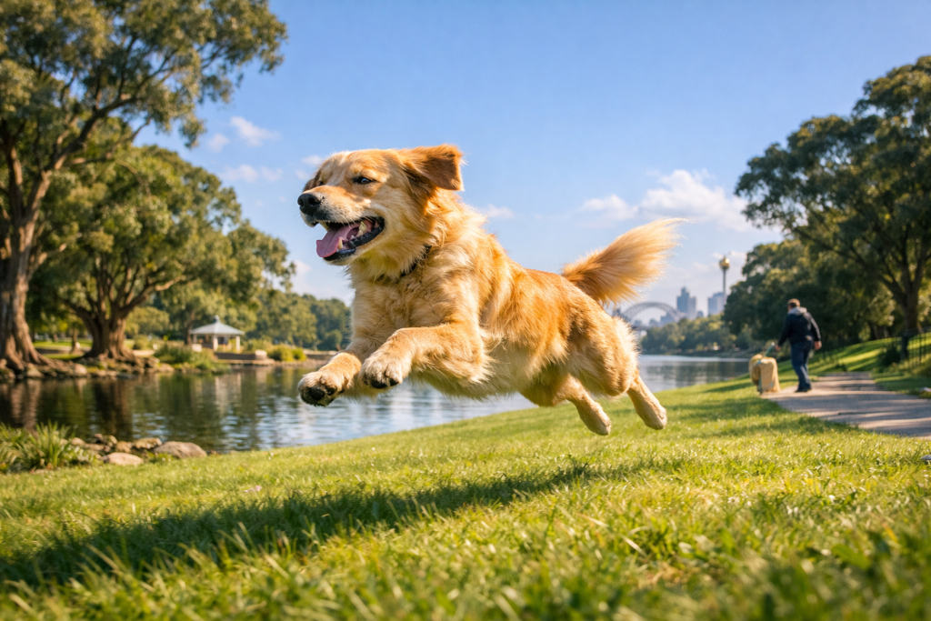 Dog running free in meadow Centennial Park Sydney