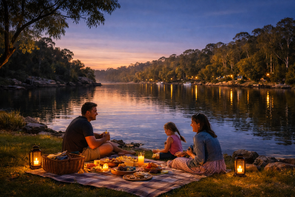 Family picnic beside Lane Cove River Sydney bushland