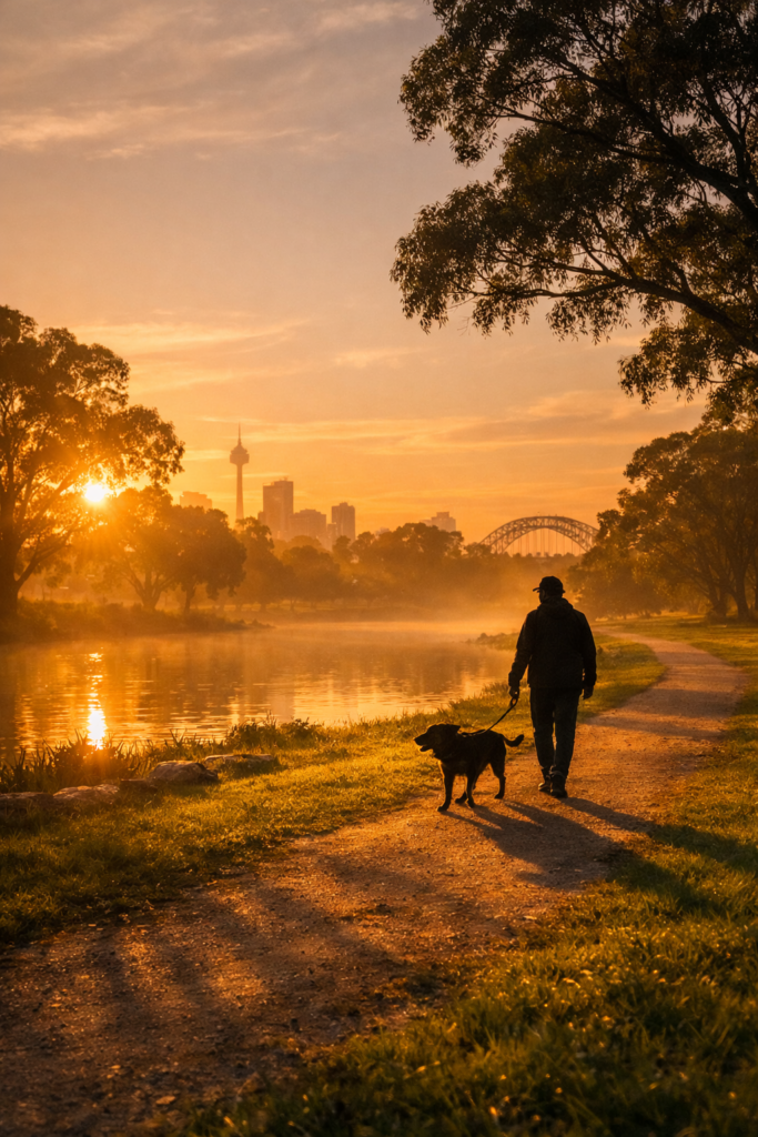 Sunrise dog walk Centennial Park Sydney golden light