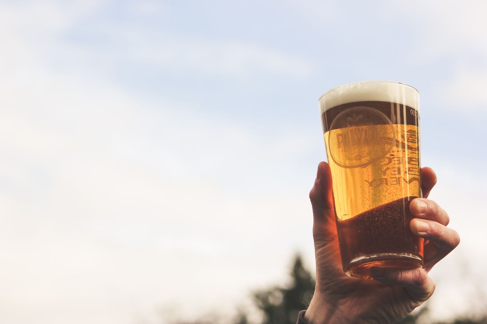 Hand holding a glass of craft beer outdoors