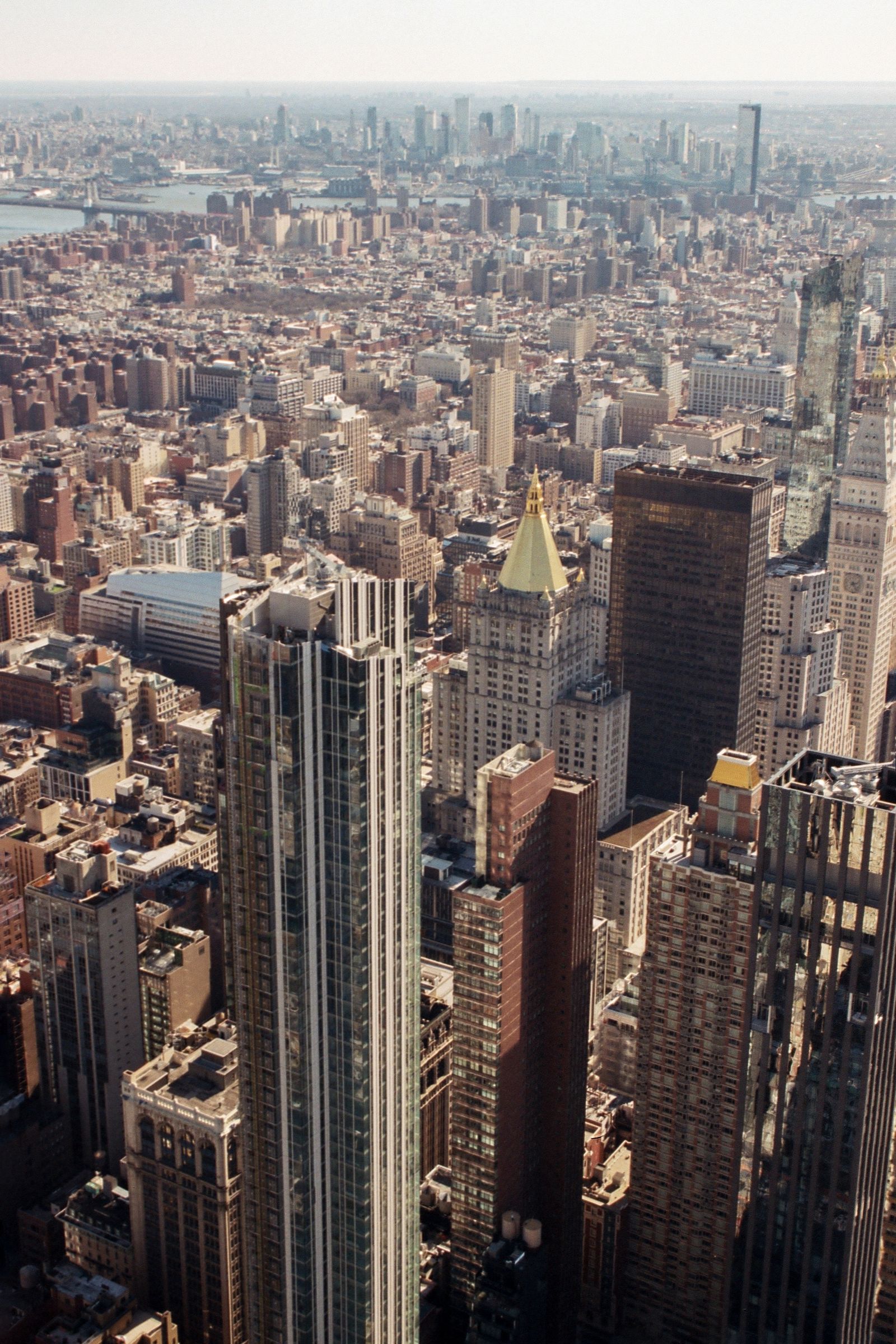 Elevated aerial view of city buildings and skyscrapers